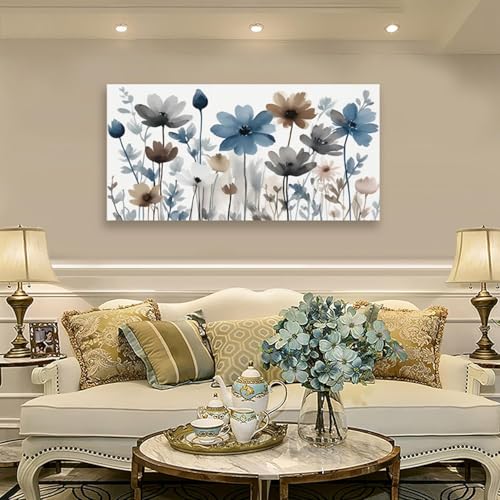 KZKU Flowers Canvas Wall Art - Floral Pictures for Wall Decor Indigo Brown Grey Canvas Prints Nature Printing Artwork for Living Room Bedroom Home Office Wall Decoration 24" x 48" - color: Elegant Flowers, size: 48"L x 24"W