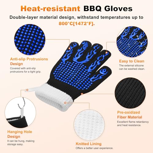 M METERXITY 1-Pair BBQ Gloves, 1472°F Heat Resistant Non-Slip Grilling Oven Gloves for Barbecue/Baking/Cooking, with Storage Bag [Flame Pattern L, Blue] - color: Blue