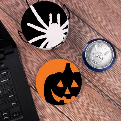 Drink Coasters for Drinks Set of 6, Green Black Orange Halloween Absorbent Round Ceramic Stone Mat Coaster, with Cork Base and Metal Holder, Home Bar Decor House Warming Gift - color: Halloween 01