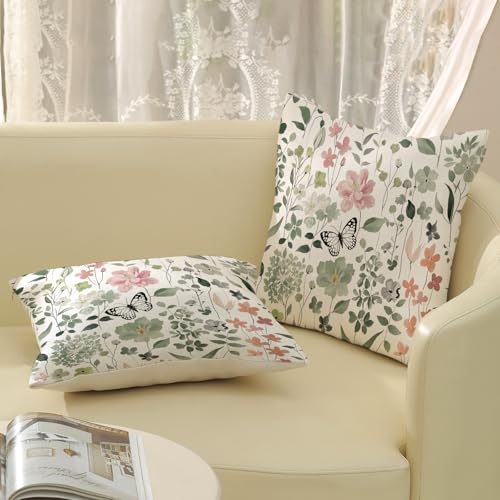 Spring Pillow Covers 18x18 Pack of 2 Watercolor Green Pink Floral Botanical Throw Pillow Covers Outdoor Summer Flower Plants Pillowcase Farmhouse Decorative Linen Cushion Case for Sofa Couch - color: A-floral-1, size: 18" x 18" (Pack of 2)