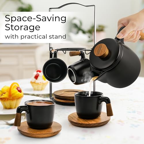 MIAMIO - Teapot Set with 4 Cups & Rack (34/10 oz) with Infuser (Black) - color: Black