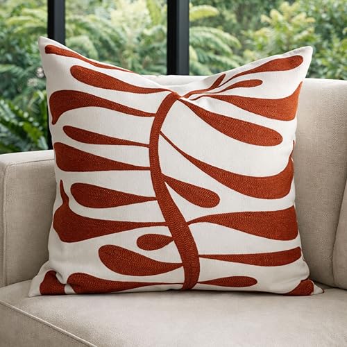 AYAY Decorative Velvet Throw Pillow Cover 18x18 Inch – Off White with Orange Rust Embroidered Abstract Design, Modern Boho Accent Cushion, Hidden Zipper, Cover Only - color: Abstract Rust and Off White