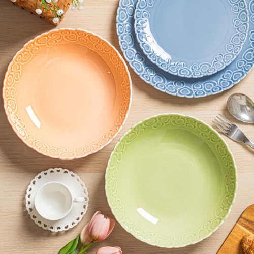 HOMBENE Heartbeat Pasta Bowls Set of 4, 28oz Salad Bowls Soup Bowl for Kitchen, Porcelain Wide and Shallow, Noodle, Soup, Pasta,Dinner, Microwave & Dishwasher Safe (Mint Glow Green) - color: Mint Glow Green, size: 28oz