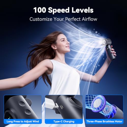 MUXNW Mini Handheld Portable Personal Fan,HD Display 100 Speed Levels - color: soot black