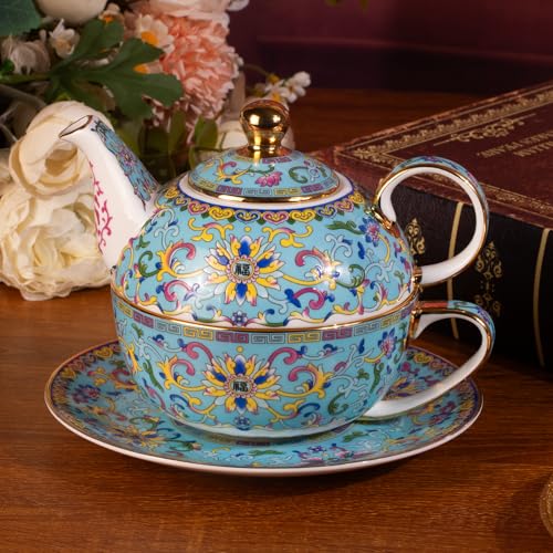 KAMMAK Tea for One Set, Ceramic Teapot, Bone China Tea Set, Cup and Saucer - color: Lake Blue