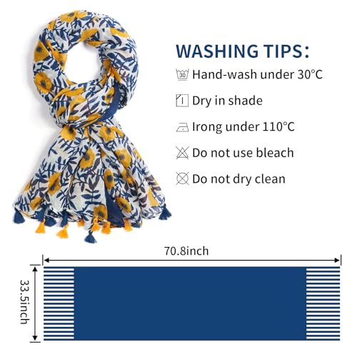 QIUTIMIY Scarf for Women Lightweight Soft Floral Leopard Printed Scarves Fall Winter Fashion Shawl Wrap with Fringe - color: Flower-yellow Blue