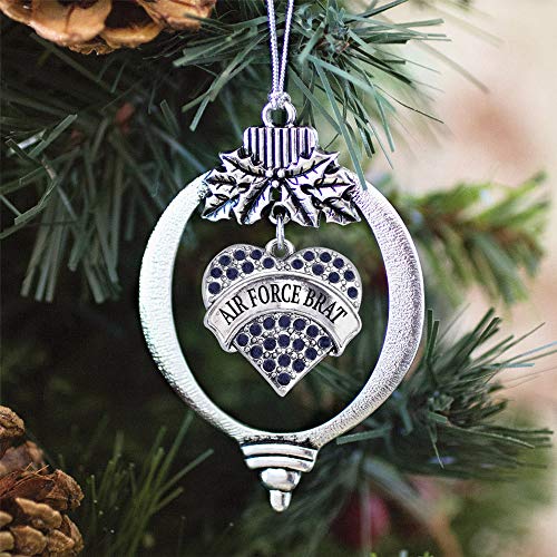 Inspired Silver - Air Force Brat - Silver Christmas Ornament - Blue Pave Heart Charm Christmas Tree Ornament with Cubic Zirconia - Holiday Hanging Decoration - style: Air Force Brat