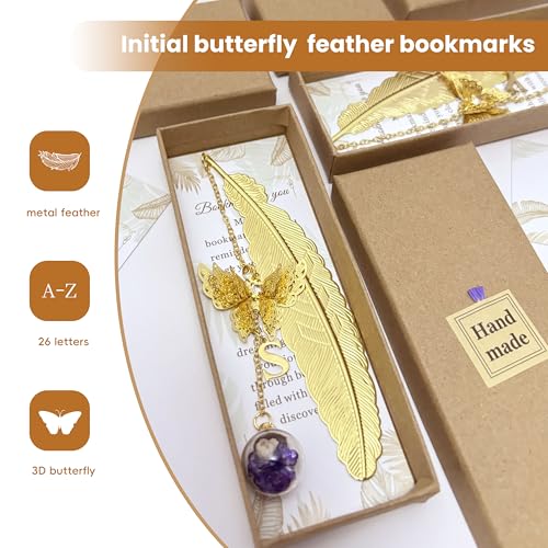 Initial Butterfly Metal Feather Bookmarks Gifts for Reading Women Book Lovers Unique Book Mark Birthday Mothers Day Valentines Christmas Gift for Teacher Mom Best Friend Coworkers Stocking Stuffers, U - style: Gold-U