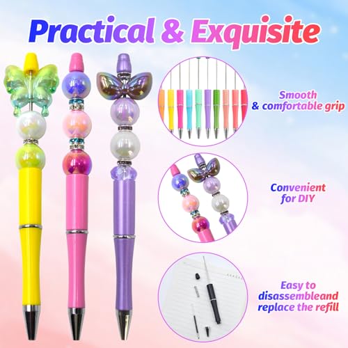 300 Pieces DIY Beadable Pens Kit - 100 plastic Beadable Pens Bulk, Refills & pen bags Included - Beaded Pens Black Ink Ballpoint Cute Pens（Bright） - color: Macaron, size: 100
