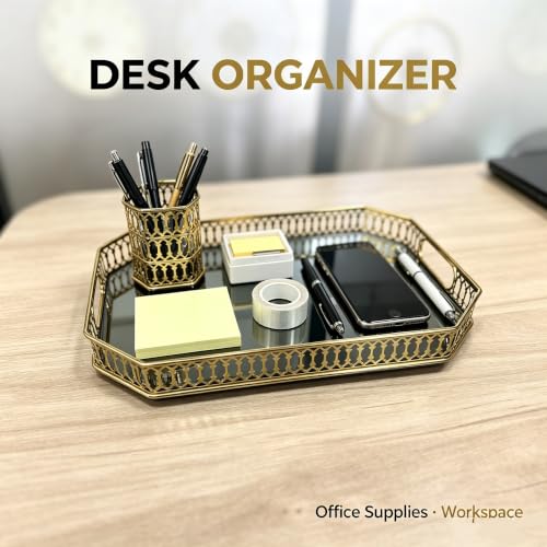 Gold Mirror Decorative Tray, Octagonal Metal Vanity Tray with Tempered Glass Base, 13.78”×9.84”×1.97”, Luxury Perfume Jewelry Organizer Tray for Dresser, Bathroom, Coffee Table - size: 13.8" x 9.8" x 2"