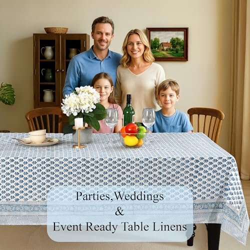 CPC Apatite Blue Block Print 100% Cotton Rectangle Tablecloth 60x102 Inch - color: Apatite Blue, size: 102" x 60" (Rectangular)