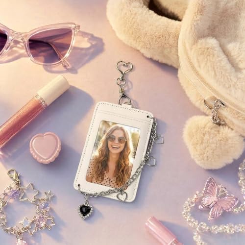 K-pop Photocard Holder Keychain with Metal Chain,Photocard Holder Keychain for Fans,Star&Heart Design Photo Card Keychain - color: White