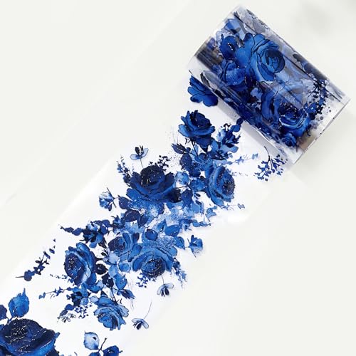 WT Cobalt Blue Wide PET Tape, Single Roll, Original Designs, Floral Decors, Transparent Clear Adhesive, Junk Journal Scrapbook Bujo Planner DIY Craft Supplies Gifts, Watercolor Flower - color: Cobalt Blue Wide PET Tape