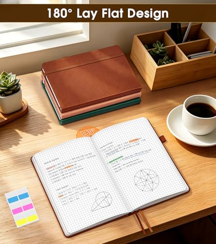 A5 Leather Hardcover Graph Paper Notebook, 160 Pages (5 Squares/Inch), 180° Lay-Flat Binding, 100 GSM Thick Paper, for Math, Engineering, Students & Technical Work (Brown) - color: Brown, size: Grid