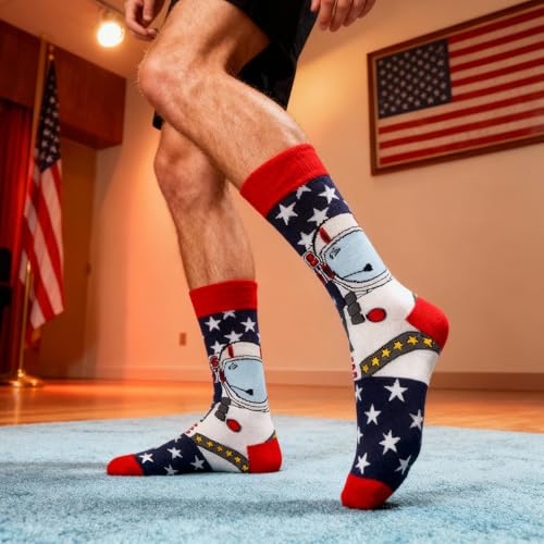 Colorful Funny Novelty Dress Socks for Men Women Teens Fathers Day Casual Fun Crazy Funky Graphic Crew Socks - color: 5 Pairs - Funny Novelty Themed - Astronaut American Flag Star & Green Crocodile & Trout Fish Illustration & Palm Tree & Desert Cactus Sun