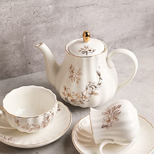 Porcelain Tea Sets British Royal Series, 8 OZ Cups & Saucer Service for 6, with Teapot Sugar Bowl Cream Pitcher Teaspoons and Tea Strainer, Suitable for High Tea, Wedding, Party（Morning glory） - color: Morning Glory Flower