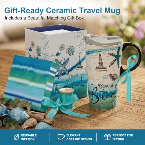 Topadorn 17oz Ceramic Travel Coffee Mug with Lid, Microwave Safe Tea Cup - color: North Beach