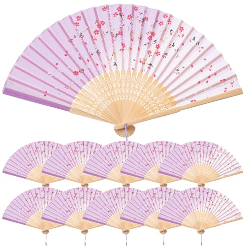 QIRMIZI 10 Pieces Handheld Fans, Silk Folding Fans, Floral Folding Fans for Birthday,Dancing, Cosplay, Weddings, Parties, and Events,Purple Cherry Blossom Rain - color: 01 Light Purple Cherry Blossom Rain