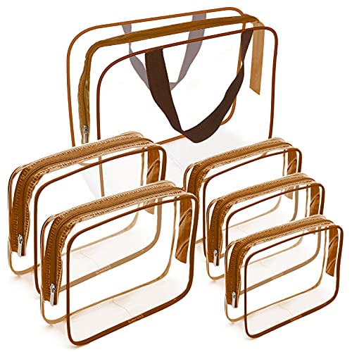 APREUTY 6 Packs Clear Makeup Bags, TSA Approved Toiletry Bags Set, Coffee - color: Coffee-6PCS(Large+Medium+Small)