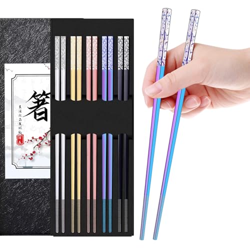 DIKOCO Premium Metal Chopsticks 5 Pairs Multicolor Chop Sticks Reusable Dishwasher Safe Square Korean Chopsticks Lightweight Non-Slip Reusable Stainless Steel ChopSticks Present Set