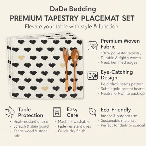 DaDa Bedding Woven Tapestry Heart Placemats – Set of 4 – Black & Gold Heart Pattern Table Mats for Dining Room – Rustic Farmhouse Valentine’s Day Decor & Everyday Kitchen Table Setting – 13" x 19" - color: Black, Yellow, White