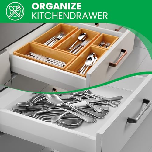 Bamboo Drawer Organizer Set, 5-Piece Storage Trays for Kitchen, Bathroom, Office Desk, Makeup & Junk Drawers,Utensils