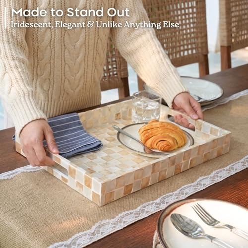 CHI AN HOME 16"x12" Capiz Shell Decorative Serving Tray with Handles, Ivory - color: Ivory