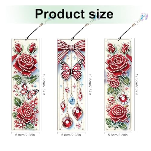 Tontut 3pcs Diamond Art Painting Kit Bookmarks, Butterfly Rose Flower Exquisite General DIY Bookmarks, Lightweight and Durable, Suitable for Reading Lovers - color: Rose