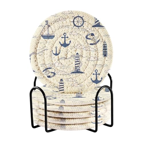 Nautical Lighthouses Drink Coasters Set - 6 Pcs Minimalist Woven Coasters with Holder for Home Decor, 3.94 Inch Absorbent Coasters for Drinks - color: I278