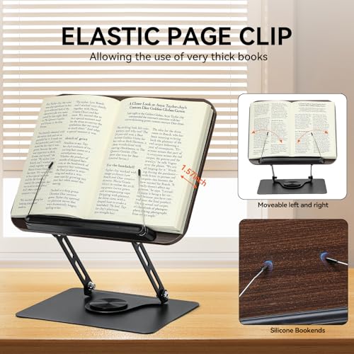 360° Rotating Book Stand for Reading, Adjustable Foldable Book Holder for Reading, Cooking, Office, Compatible with Cookbooks, Textbooks, Tablets, Sheet Music, and Laptops (Black Walnut) - color: Black Walnut