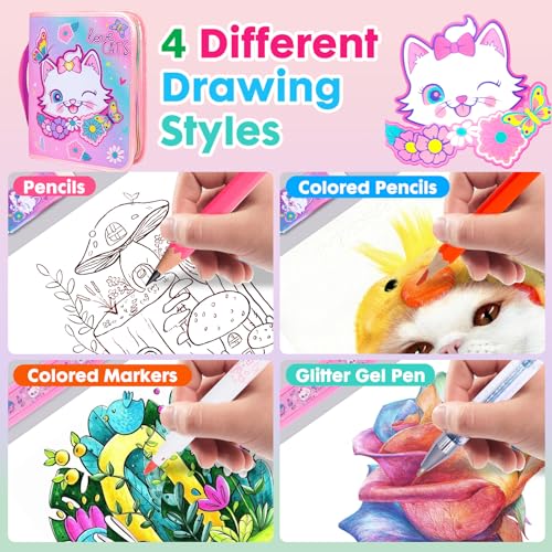 Washable Markers Set with Glitter Pencil Case, Art Supplies for Kids Ages 4-6-8, Arts Crafts Travel Coloring Kit for Girls 4 5 6 7 8 Year Old Birthday Gifts - color: Cat