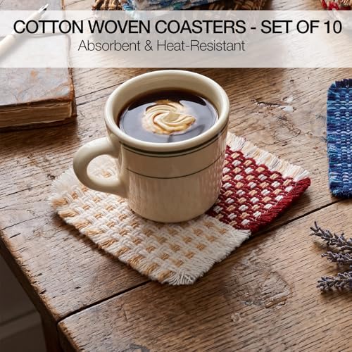 Set of 10 Fabric Drink Coasters, Handcrafted Cotton Woven Coasters for Table, Coastal Farmhouse Table Decor for Coffee Tea Cocktails, Absorbent Soft Desk Coasters for Kitchen Office, Housewarming Gift - color: Red & White