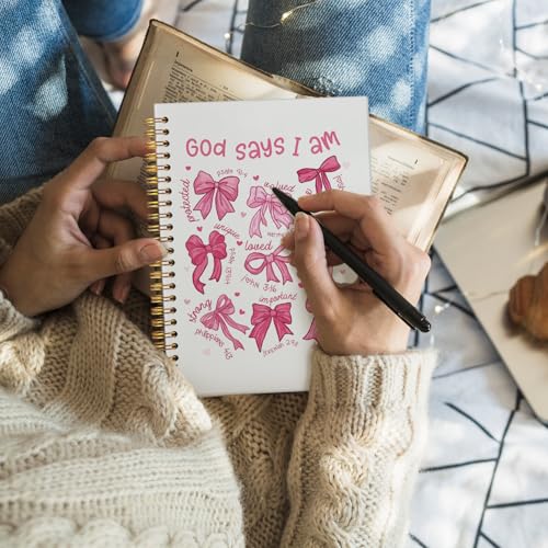 Coquette Pink Bow Notebook Journals, God Says I am Christian Notebook Journal for Women, Bible Notebooks for Note Taking，Coquette Office Supplies Hardcover Spiral Notebook 5.5x8.3 - color: Pink Bow - God says I am