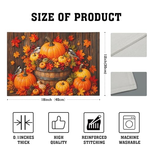 Giwawa Autumn Placemats Set of 4 12x18 Inch Fall Maple Leaf Pumpkins Birds Decorative Linen Table Mat Rustic Wood Board Grain Washable Heat Resistant Place Mat for Kitchen Dining Tabletop - color: Fall Board
