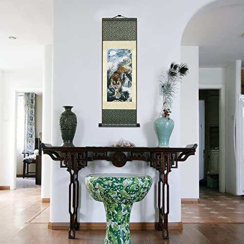 AtfArt Silk Scroll Painting, Asian Wall Art, Tiger, 36.2x12in - color: B6