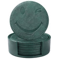 Coasters for Drinks Set of 6 with Holder, 6-Piece Leather Coasters with Embossed Smiley Designs - Durable Drink Coasters Set for Home, Bar, or Office - Green - color: Green
