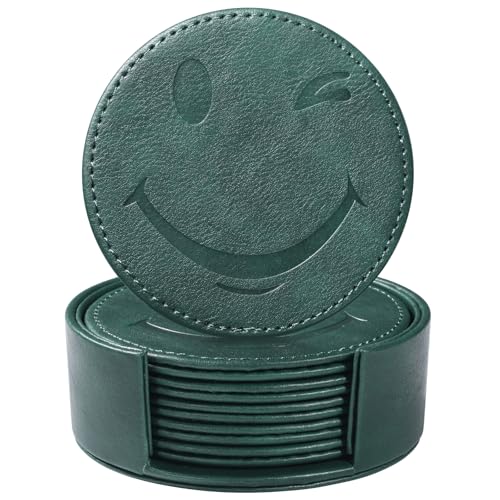 Coasters for Drinks Set of 6 with Holder, 6-Piece Leather Coasters with Embossed Smiley Designs - Durable Drink Coasters Set for Home, Bar, or Office - Green - color: Green