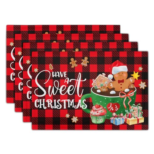 Giwawa Gingerbread Placemats Set of 4, Have A Sweet Christmas Red Black Buffalo Plaids Place Mat, Winter Hot Cocoa Cookie Table Mats 12"x18" for Kitchen Dining Holiday Party Decor - color: Gingerbread