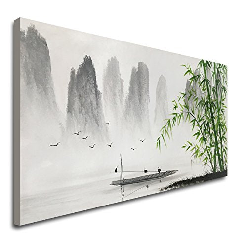 Winpeak Art Traditional Chinese Painting Black and White Landscape Canvas Wall Art Bamboo Artwork - size: 48"L x 24"W
