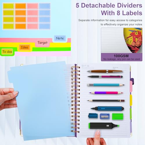 Hardcover Spiral Notebook 8"x10" Journal Notebook with Tabs and Removable Dividers 300 Pages 5 Subject Notebook College Ruled, Faux Leather Spiral Bound Notebook for Women School Work (Purple) - color: Purple, size: 8"x10"(B5)