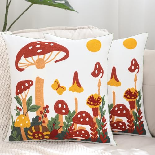 LUOYEHK Mushroom Pillow Covers 18x18 Inch Set of 2 Embroidered Throw Pillow Covers Decorative Pillow Cover Spring Summer Boho Cushion Pillowcase for Couch Sofa Bed Living Room, Mushroom Snail - color: Mushroom Snail