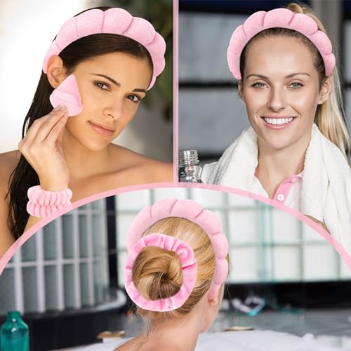 Spa Headband Set, 7Pcs Puffy Terry Cloth Headband and Wristband for Skincare, Makeup, Yoga, Shower, Spa Party, Sleepover Party, Pink - color: Pink