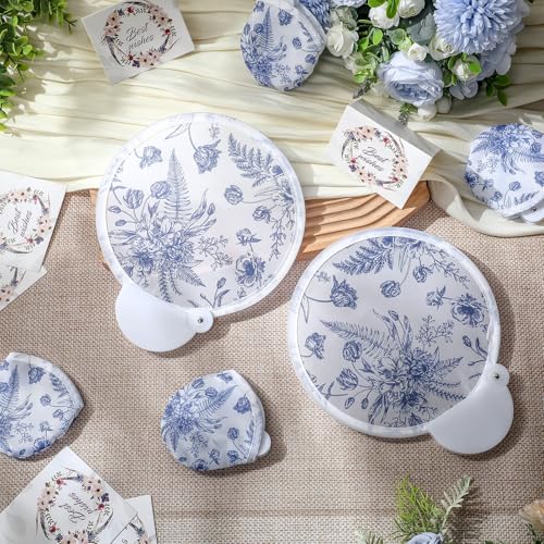 Roowest 10 Pcs Blue Chinoiserie Floral Folding Hand Fans with Bag Handle