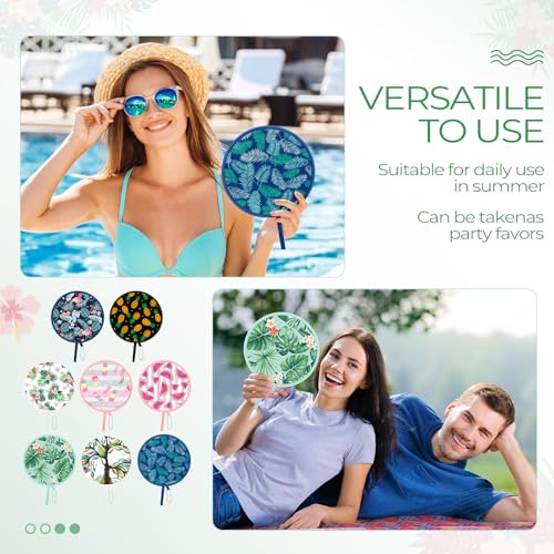 AceOrbit 24 Pcs Hawaiian Round Foldable Hand Fans, Summer Beach Folding Fans Watermelon Print Handheld Cooling Fan with Pouch, Tropical Palm Leaf Summer Pop up Fan for Beach Party Favors Decoration - style: Fruit Flower