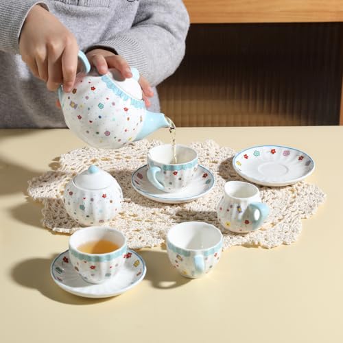 Sweejar Porcelain Tea Set for Little Girls,Kitchen Toys Tea Party Set for Kids Toddler Kitchen Pretend Toy Include Children Teapot, Cup & Saucer Set of 4, Sugar Bowl and Cream Pitcher(Sweet) - color: Sweet, style: Pumpkin