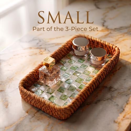 Handwoven Rattan Tray Set of 3 with Mother of Pearl Green Check Inlay - color: Green Check
