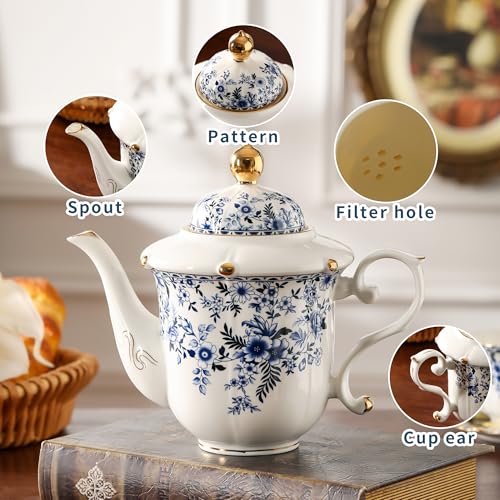 TATSUMI Country Roses Porcelain Tea Set, European Ceramic tea set for adults,Vintage Style, For Women and Tea Parties (BLUE, 21 Pieces Set) - color: Blue, size: 21 Pieces Set