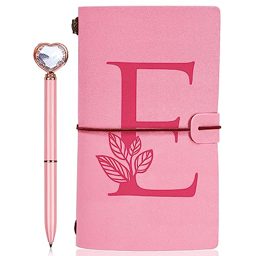 Personalized Journal Gift-Pink Initial Leather Journal+Heart Diamond Pen Set,Travel Notebook Diary Gifts,Refillable Notepads,Christmas,Birthday Gifts for Women Girls (7.9"x4.7") (E) - style: E