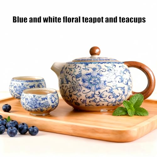 Floral Tea Pot & Tea Cup Set, Blue and White Porcelain, 7.5 oz