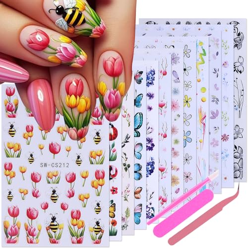Flower Stickers Nail Art Decals 12PCS Summer Nail Art Designs with Tweezers Tulip Butterfly Leaf Florals Ladybug Decals 3D Self-Adhesive Manicure Simple Nail Stickers for Women Acrylic Nails Supplies - style: Summer Flower Styles